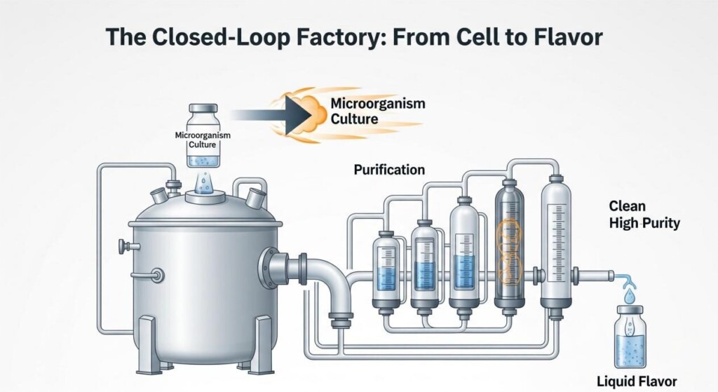 An intricate, professional infographic titled "The Closed-Loop Factory: From Cell to Flavor." The image shows a large, modern bioreactor tank in the center. An arrow points from a small vial labeled "Microorganism Culture" into the top of the bioreactor. From the side, a pipe leads to a series of purification and distillation columns, ending in a final, clean vial of a high-purity liquid flavor.