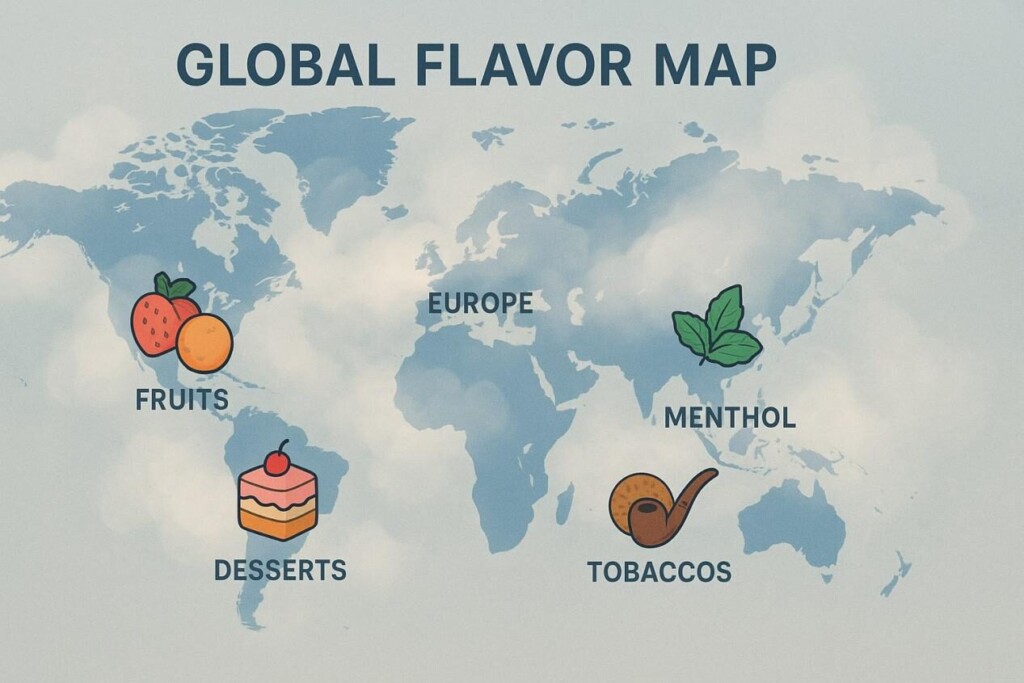 Stylized world map infographic highlighting Japan, Texas, Europe, and the Middle East with vapor clouds and icons for fruits, desserts, tobaccos, and menthol, in soft corporate colors.