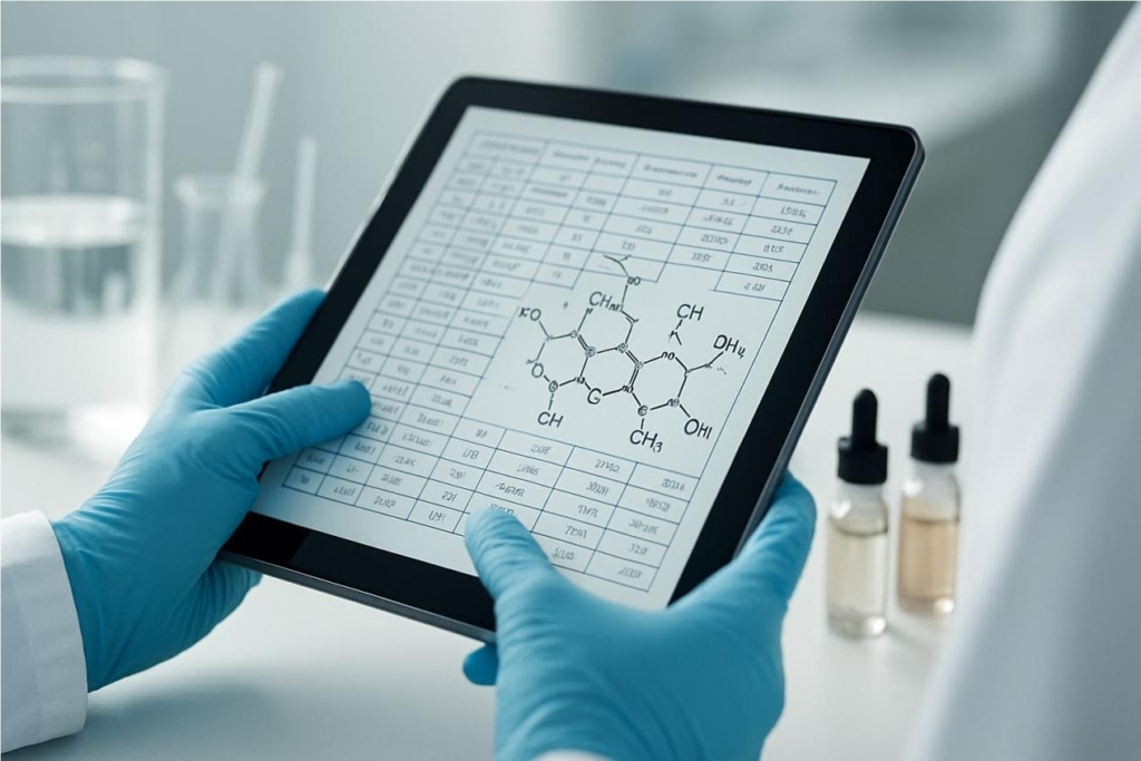 A laboratory technician wearing blue gloves reviews a digital tablet displaying a chemical formula and spreadsheet, with blurred glassware and e-liquid bottles in the background.