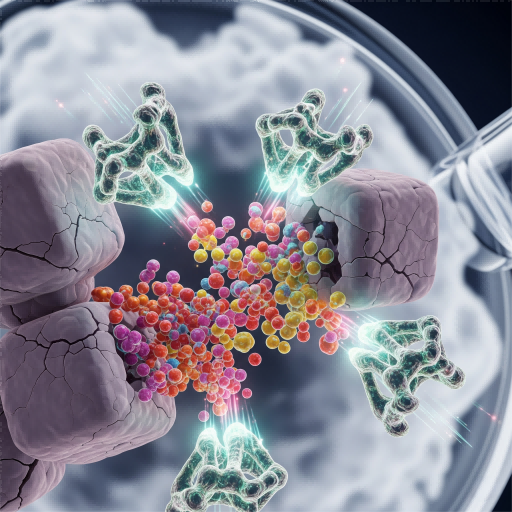 An image of glowing enzyme molecules breaking down larger molecules to release vibrant flavor molecules, with a subtle hint of a vape cloud in the background.