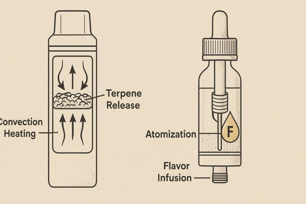 Side-by-side schematic drawing showing a dry herb vaporizer with arrows indicating convection heating and terpene release, contrasted with an e-liquid atomizer featuring a coil and wick, labeled with atomization and flavor infusion, and a droplet icon marked "F" for flavor.