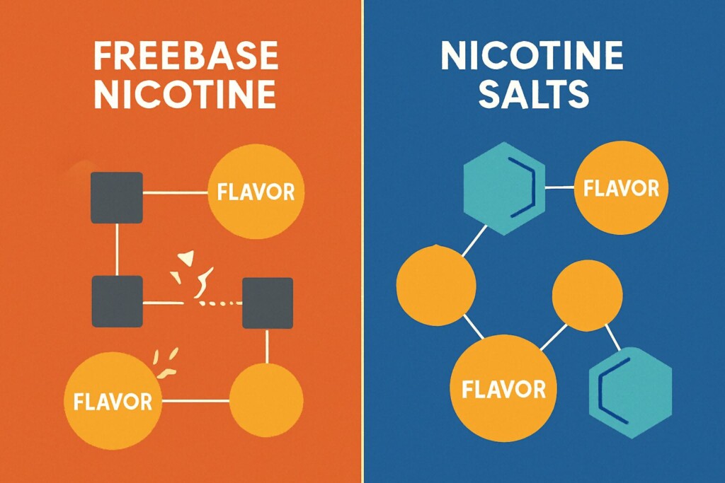 An infographic split into two sections. The left side, labeled "FREEBASE NICOTINE," shows a broken, fragmented molecular diagram with flavor molecules. The right side, labeled "NICOTINE SALTS," shows a clean, stable hexagonal molecular structure with flavor molecules. The image illustrates the difference in chemical stability between the two types of nicotine.