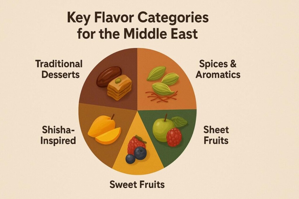A stylized pie chart infographic showing Middle Eastern flavor groups: Traditional Desserts (dates, baklava), Spices & Aromatics (cardamom, saffron), Shisha-Inspired (double apple, grape mint), and Sweet Fruits (mango, mixed berries), each illustrated with realistic icons.