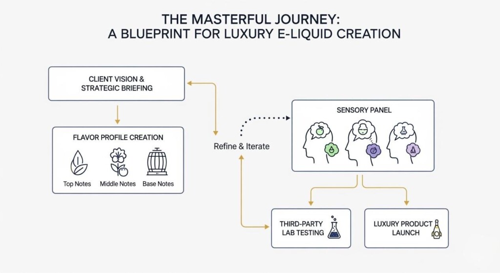 A professional flowchart showing the process of creating luxury e-liquids. It starts with "Client Vision & Strategic Briefing" and leads to "Flavor Profile Creation," which is refined by a "Sensory Panel." The process concludes with "Third-Party Lab Testing" and "Luxury Product Launch."