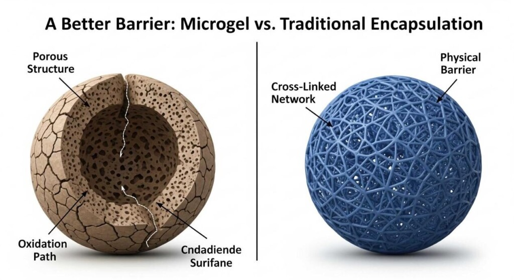 A two-part technical diagram contrasting a traditional spray-dried particle and a microgel particle. The spray-dried particle is shown as a porous, irregular shape with cracks and a large internal cavity, labeled as a "Porous Structure" and "Oxidation Path." The microgel particle is a perfect sphere with a tight, cross-linked internal structure, labeled as a "Cross-Linked Network" and "Physical Barrier."