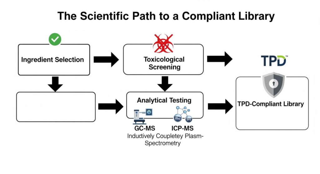 A flowchart shows a step-by-step process. Starting with "Ingredient Selection," it moves to "Toxicological Screening," then "Analytical Testing," and finally to "TPD-Compliant Library," with corresponding icons for each step.