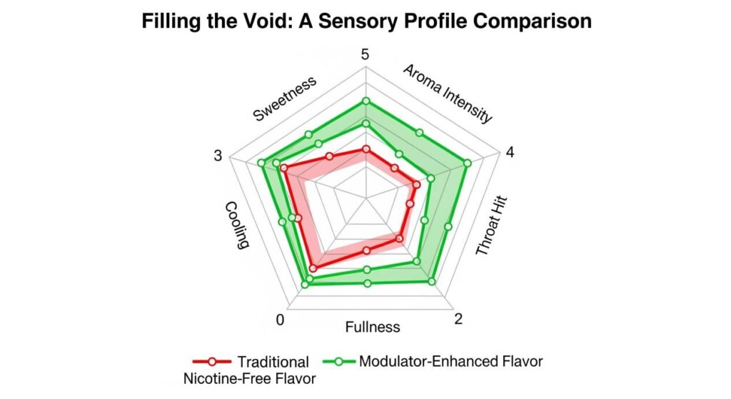 A radar chart diagram titled "Filling the Void: A Sensory Profile Comparison." The chart features five axes: Sweetness, Cooling, Throat Hit, Fullness, and Aroma Intensity. Two distinct lines are plotted on the chart. The first line, colored red and labeled "Traditional Nicotine-Free Flavor," shows low scores across all axes, particularly for Sweetness, Throat Hit, and Fullness, creating a smaller, irregular shape. The second line, colored green and labeled "Modulator-Enhanced Flavor," displays high scores across all axes, forming a larger, more complete, and symmetrical pentagonal shape. The chart effectively illustrates the enhanced sensory experience of the modulator-enhanced flavor compared to the traditional one