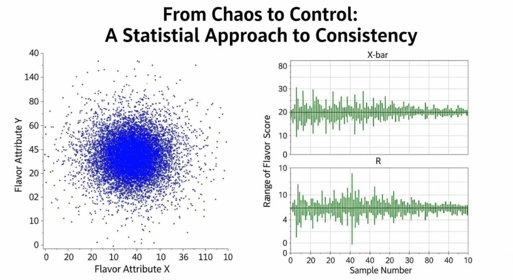 A two-part graph illustrating statistical process control. The left side is a scatter plot with widely scattered data points representing "Chaos" and high variation. The right side is a control chart where all data points fall within the upper and lower control limits, representing "Control" and low variation.