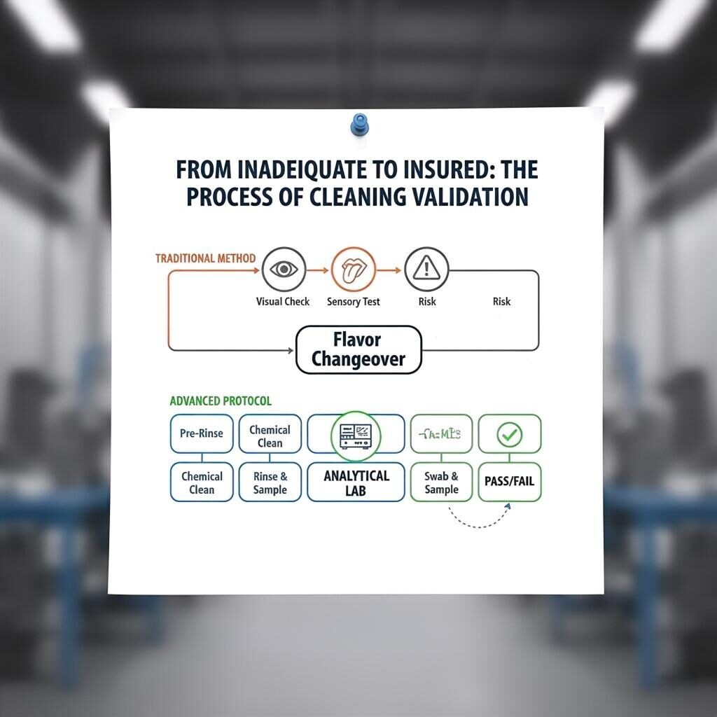 A professional flowchart titled "From Inadequate to Insured: The Process of Cleaning Validation." It begins with a "Flavor Changeover" box. Two parallel paths branch out from it. The "Traditional Method" path shows a sequence of icons: "Visual Check," "Sensory Test," and "Risk." The "Advanced Protocol" path displays a chain of boxes: "Pre-Rinse," "Chemical Clean," "Rinse & Final Rinse," "Swab & Sample," "Analytical Lab" (with an icon of a GC-MS machine), leading to a "Pass/Fail" box. The "Pass/Fail" box has a checkmark and a re-looping arrow indicating the possibility of re-processing.