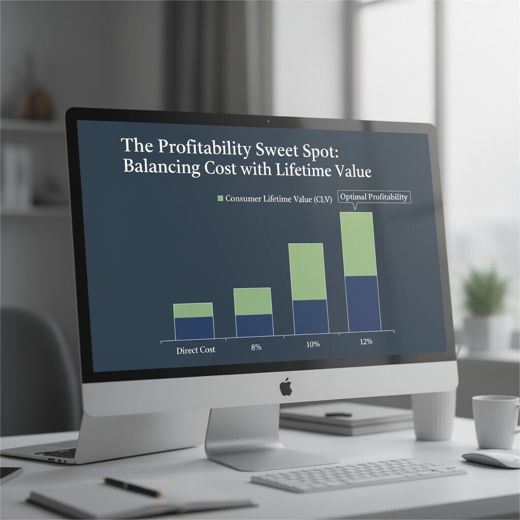 A financial bar chart displayed on a computer monitor in a modern office. The chart is titled "The Profitability Sweet Spot: Balancing Cost with Lifetime Value." It shows a series of bars representing different dilution percentages. Each bar is divided into two sections: "Direct Cost" (darker shade) and "Consumer Lifetime Value (CLV)" (lighter shade). The "Direct Cost" portion steadily rises across the bars. The "CLV" portion of the bar is highest at what is indicated as the optimal dilution percentage, demonstrating that the product's value to the company peaks before the cost becomes too high.