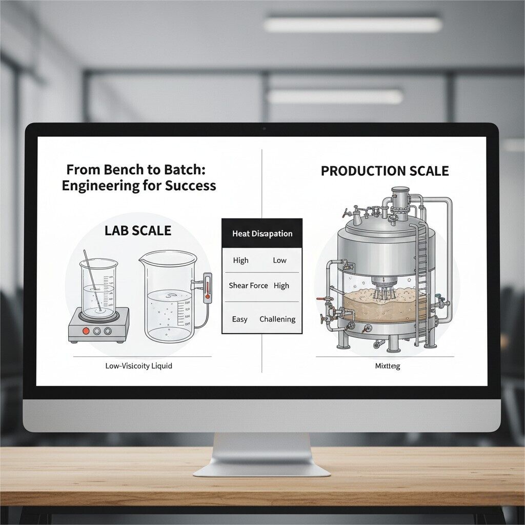 A two-part diagram titled "From Bench to Batch: Engineering for Success," displayed on a computer monitor in an office setting. The left side, labeled "LAB SCALE," shows a beaker with a temperature gauge, a magnetic stir bar, and a low-viscosity liquid. The right side, labeled "PRODUCTION SCALE," depicts a large industrial tank with a high-shear mixer, a temperature-controlled jacket, and complex piping, containing a mixture. A side-by-side table between the two diagrams compares key variables: "Heat Dissipation" (High for lab, Low for production), "Shear Force" (Low for lab, High for production), and "Homogeneity" (Easy for lab, Challenging for production).