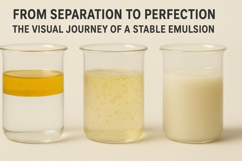 Three beakers illustrating stages of oil and water mixing: the first with clear oil and water separation, the second with large irregular droplets in a semi-emulsified state, and the third with a uniform, cloudy, stable emulsion. Title: "From Separation to Perfection: The Visual Journey of a Stable Emulsion."