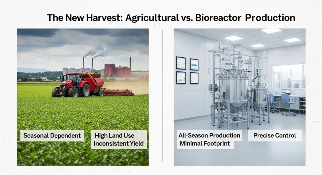 A two-part diagram titled "The New Harvest: Agricultural vs. Bioreactor Production." On the left, a traditional farming scene with a tractor, crops, and a factory represents agricultural extraction, with labels for "Seasonal Dependent," "High Land Use," and "Inconsistent Yield." On the right, a clean, modern lab with a bioreactor and control screens represents bioreactor production, with labels for "All-Season Production," "Minimal Footprint," and "Precise Control."