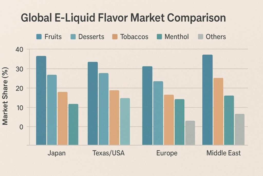 Comparative bar chart in corporate infographic style showing the top five e-liquid flavor categories (fruits, desserts, tobaccos, menthol, others) by region — Japan, Texas/USA, Europe, and the Middle East — with percentage market shares based on sample data.