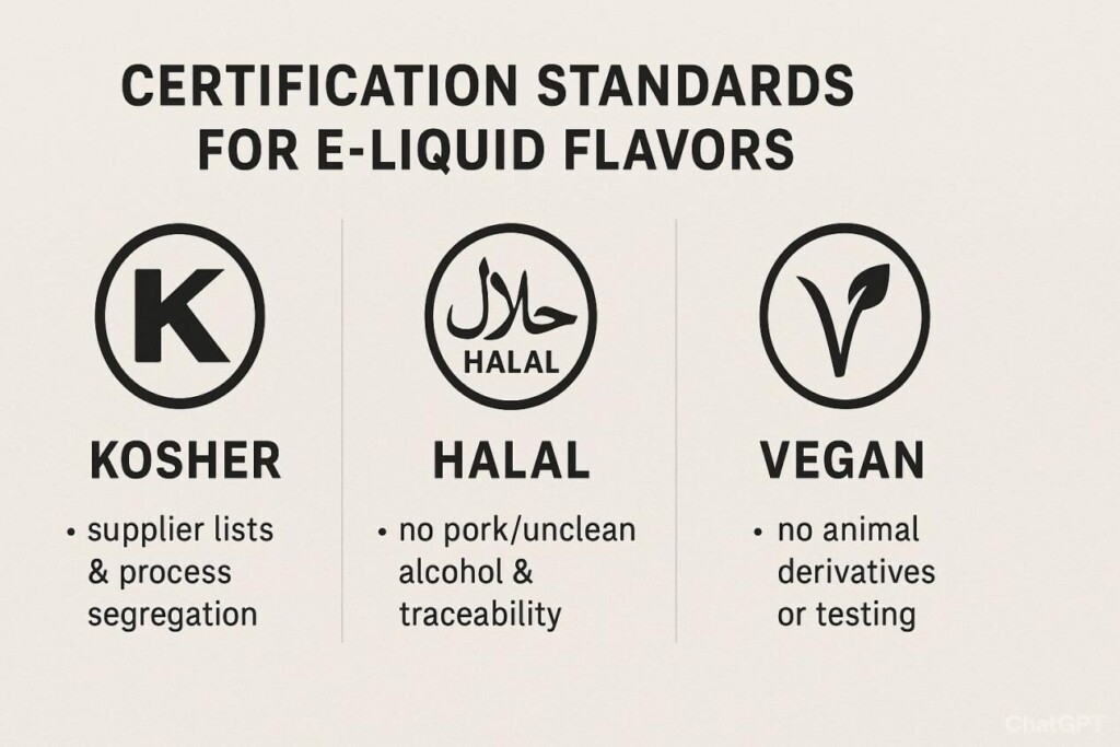Infographic comparing Kosher, Halal, and Vegan certification highlights relevant to e-liquid flavors.