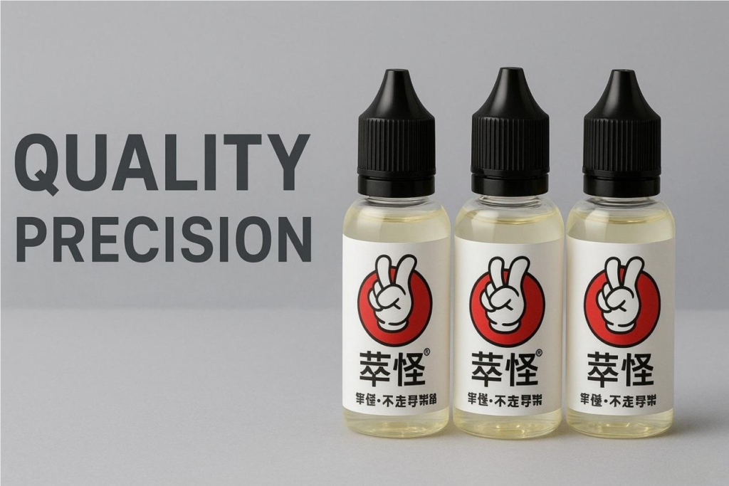 Three branded e-liquid bottles with black caps and white labels featuring the company logo, placed against a gray background with the words “Quality” and “Precision” subtly displayed.