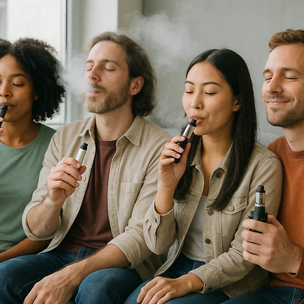 A diverse group of four people, two men and two women, are seated together and holding different types of vape devices. With their eyes closed and expressions of relaxation, they are actively exhaling vapor. The image captures a positive and communal sensory experience of vaping.