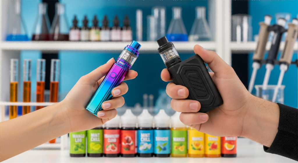  A close-up, high-quality shot of a male hand and a female hand, each holding a different-colored vape device. The female hand's device is sleek and colorful, while the male hand's device is more rugged and dark. The background is a vibrant, out-of-focus scene of a product development lab with flavor bottles.