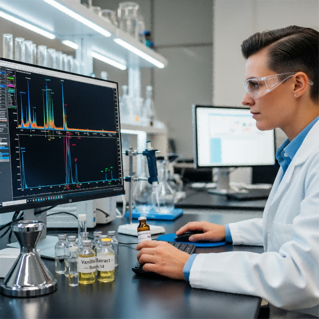 A professional image of a scientist in a lab looking at a computer screen displaying a complex gas chromatogram, conveying data-driven precision.
