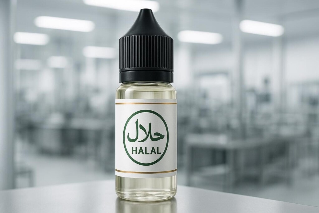 A high-quality e-liquid bottle with a prominent Halal certification logo on the label, placed in front of a blurred modern manufacturing facility background, symbolizing trust, compliance, and premium quality.