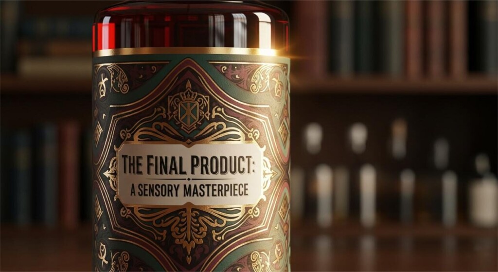 A close-up, high-quality photograph of a single luxury e-liquid bottle. The dark-colored liquid is visible inside a glass bottle with an intricate label that has metallic accents. The background is a blurred, sophisticated setting like a library or a classic bar.
