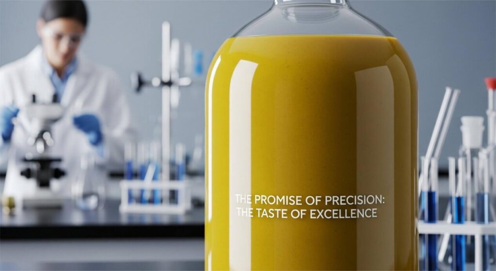A high-quality, close-up photograph of a single bottle of a perfectly mixed, scaled-up product, with no separation. The bottle is beautifully lit. In the subtle, out-of-focus background, a scientist is visible at a lab bench.