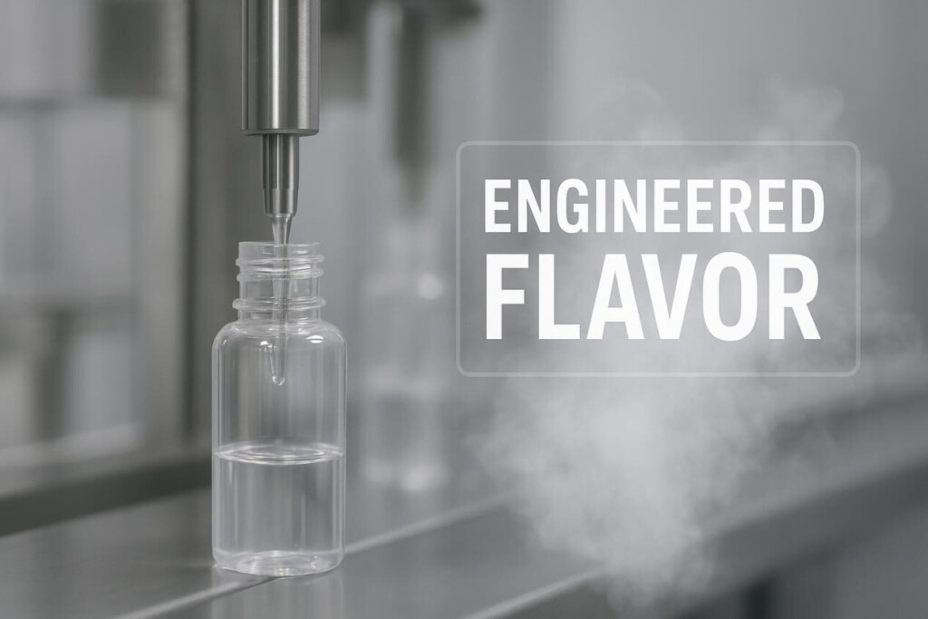 Close-up of an automated e-liquid bottle being filled on a stainless steel production line, with a clean, lab-like environment. A subtle vapor cloud rises nearby, and the overlay text reads "Engineered Flavor," emphasizing consistent quality and advanced manufacturing.