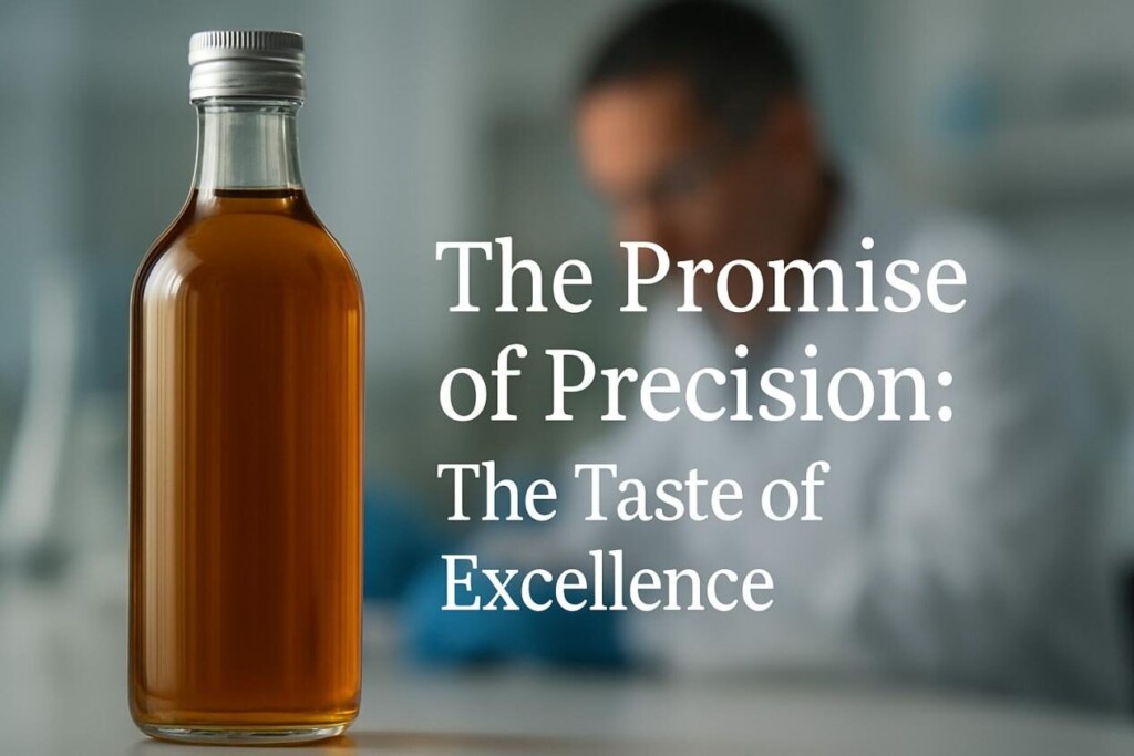 A close-up, beautifully lit bottle of a premium product with a blurred scientist in the background at a lab bench, symbolizing precision and excellence.