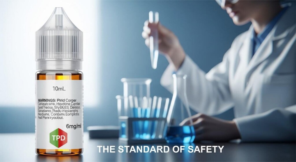 A close-up, high-quality photograph of a beautifully lit bottle of a TPD-compliant e-liquid with a "TPD" logo. A scientist is subtly visible in the out-of-focus background, representing scientific rigor.