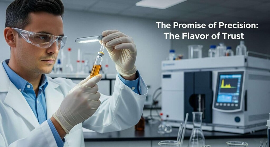A close-up, high-quality, in-focus shot of a flavor chemist in a modern lab, wearing gloves and safety glasses. The chemist is meticulously analyzing a vial of e-liquid. The background is a clean, modern lab with high-tech equipment, conveying precision and expertise. The title is "The Promise of Precision: The Flavor of Trust."