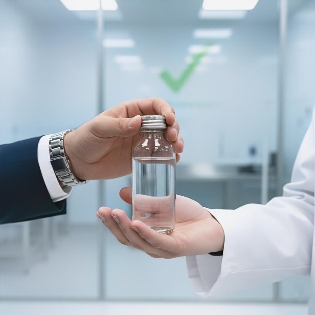 A close-up, powerful visual titled "The Promise of Purity: The Foundation of Trust." It features two hands, one clearly belonging to a brand owner and the other to a co-packing expert, jointly holding a single, flawless, and transparent e-liquid bottle. The background is a clean, modern lab setting, subtly out of focus, with a faint checkmark logo visible, symbolizing approval and quality assurance.