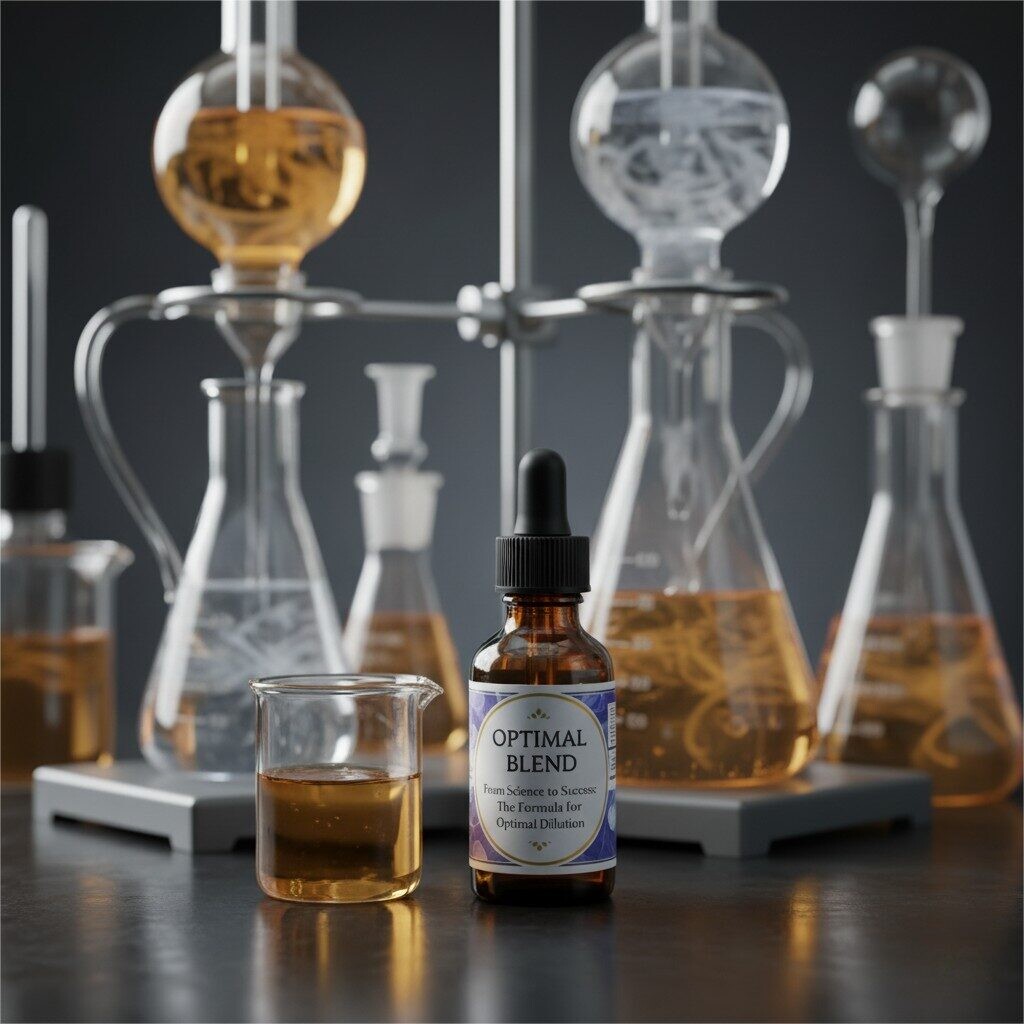 A close-up, high-quality photograph showing a single e-liquid bottle labeled "OPTIMAL BLEND" with the title "From Science to Success: The Formula for Optimal Dilution." The bottle is placed next to a small beaker of amber-colored flavor concentrate. In the background, out of focus, is a complex chemistry setup with various clear glass beakers and flasks containing liquids, implying a scientific laboratory environment. The focus is on the intricate connection between the raw material (concentrate in the beaker), the science (chemistry setup), and the final product (e-liquid bottle).
