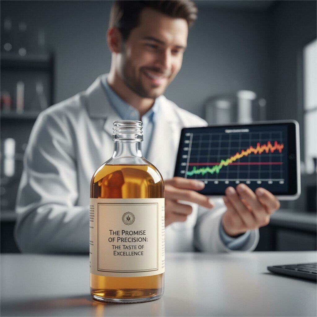 A close-up, high-quality photograph of a single, perfectly mixed bottle of a scaled-up product, beautifully lit, with the label "THE PROMISE OF PRECISION: THE TASTE OF EXCELLENCE." In the background, out of focus, a smiling male technician in a lab coat is holding a tablet displaying a control chart with all the data points falling perfectly within the control limits, signifying quality and consistency.