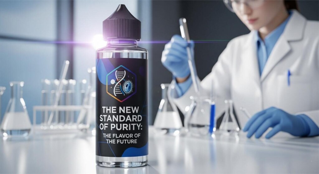A sleek, high-end e-liquid bottle or food product, perfectly clear to symbolize purity. The bottle's label features a stylized logo that incorporates a DNA helix. The title "The New Standard of Purity: The Flavor of the Future" is prominently displayed. In the background, a subtle, out-of-focus image of a scientist at a lab bench suggests scientific rigor.