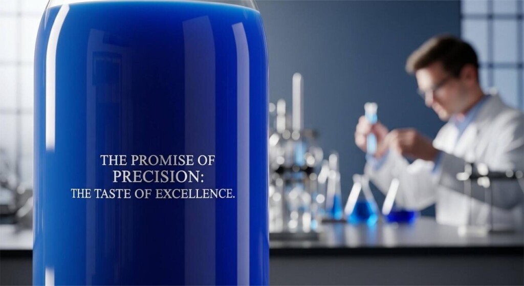 A close-up, high-quality photograph of a single, perfectly mixed bottle of a scaled-up product. The bottle is beautifully lit, and the liquid inside is a vibrant blue. The label reads "The Promise of Precision: The Taste of Excellence." In the out-of-focus background, a scientist is visible at a lab bench, confirming the scientific rigor.