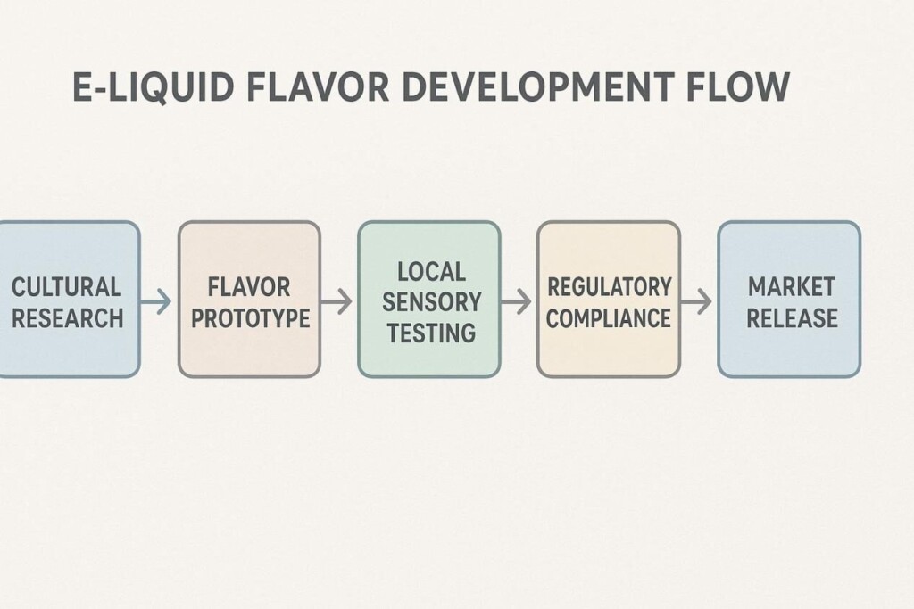 Flowchart in soft corporate colors showing five steps in product development: cultural research, flavor prototype, local sensory testing, regulatory compliance, and market release, connected by arrows in sequence, infographic style.