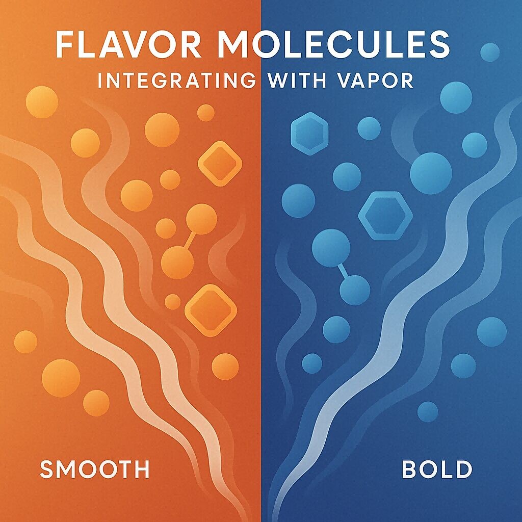 An infographic with a wavy split down the middle. The left side is orange, labeled "SMOOTH," and shows round and square molecules in a wavy stream. The right side is blue, labeled "BOLD," and features round and hexagonal molecules in a similar stream. The title at the top reads "FLAVOR MOLECULES INTEGRATING WITH VAPOR," visually representing the difference between smooth and bold flavor profiles.