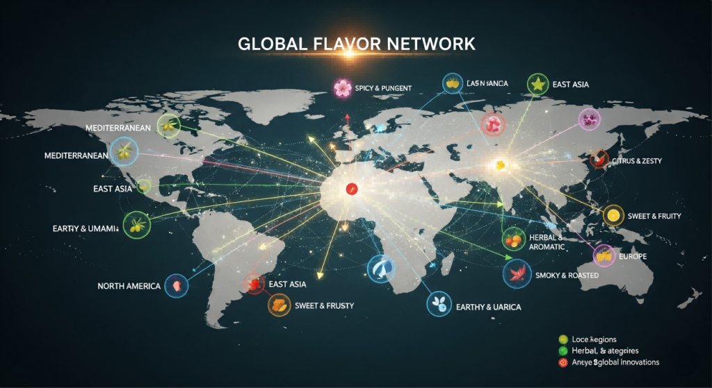 An intricate infographic titled "Global Flavor Network" showing a web of glowing, interconnected nodes representing various regions and aroma categories. The lines between the nodes illustrate the dynamic exchange and influence of local tastes on global culinary innovation.