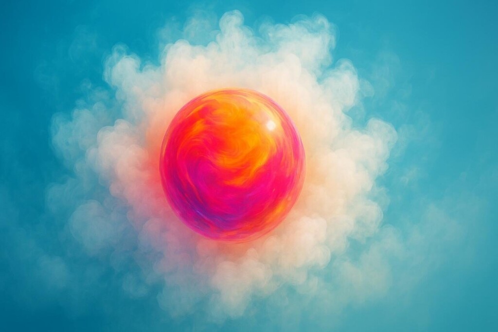 Abstract artistic image showing a vibrant glowing orb of swirling red, orange, and pink hues contained within a large, soft vapor cloud of blue, yellow, and white tones. The scene symbolizes precision, innovation, and the successful delivery of flavor in vaping.
