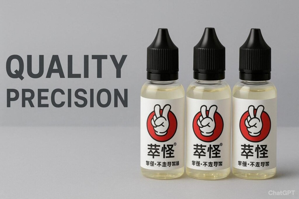 Three branded e-liquid bottles with black caps and white labels featuring the company logo, placed against a gray background with the words “Quality” and “Precision” subtly displayed.