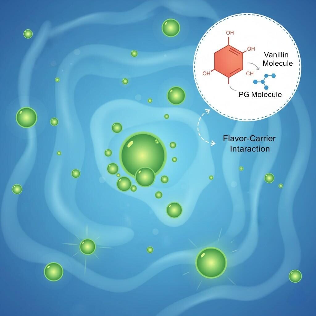 Micrografía de alta resolución que ilustra la microestructura del e-líquido y muestra gotas de aceite de sabor (verde) en una base de PG/VG. Un recuadro resalta la interacción entre una molécula de sabor a vainillina y una molécula portadora de propilenglicol (PG).