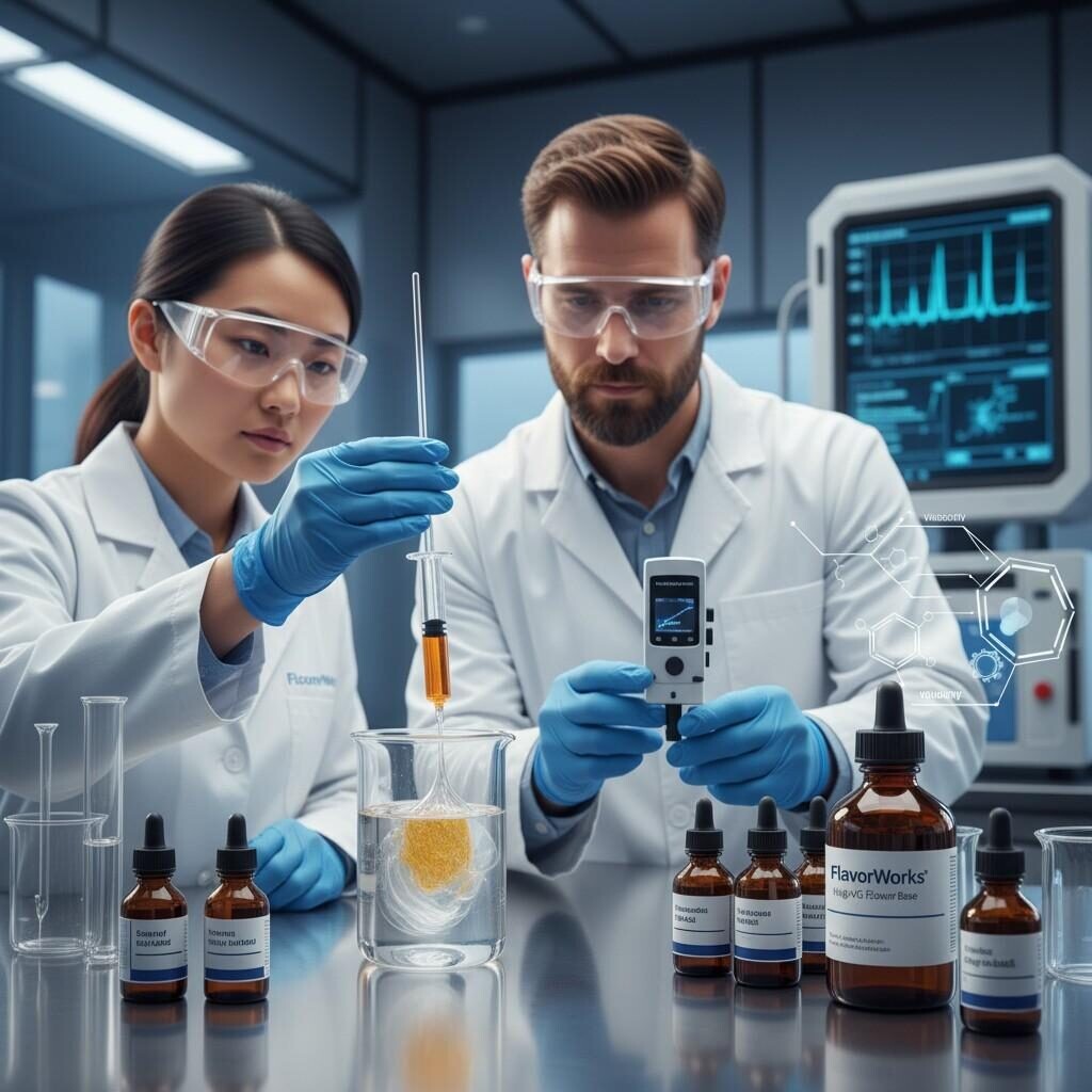 Imagen profesional que muestra a científicos del sabor realizando pruebas de control de calidad y análisis reológicos en una base de e-líquido viscoso con alto contenido de VG para garantizar un rendimiento y una absorción de sabor óptimos.