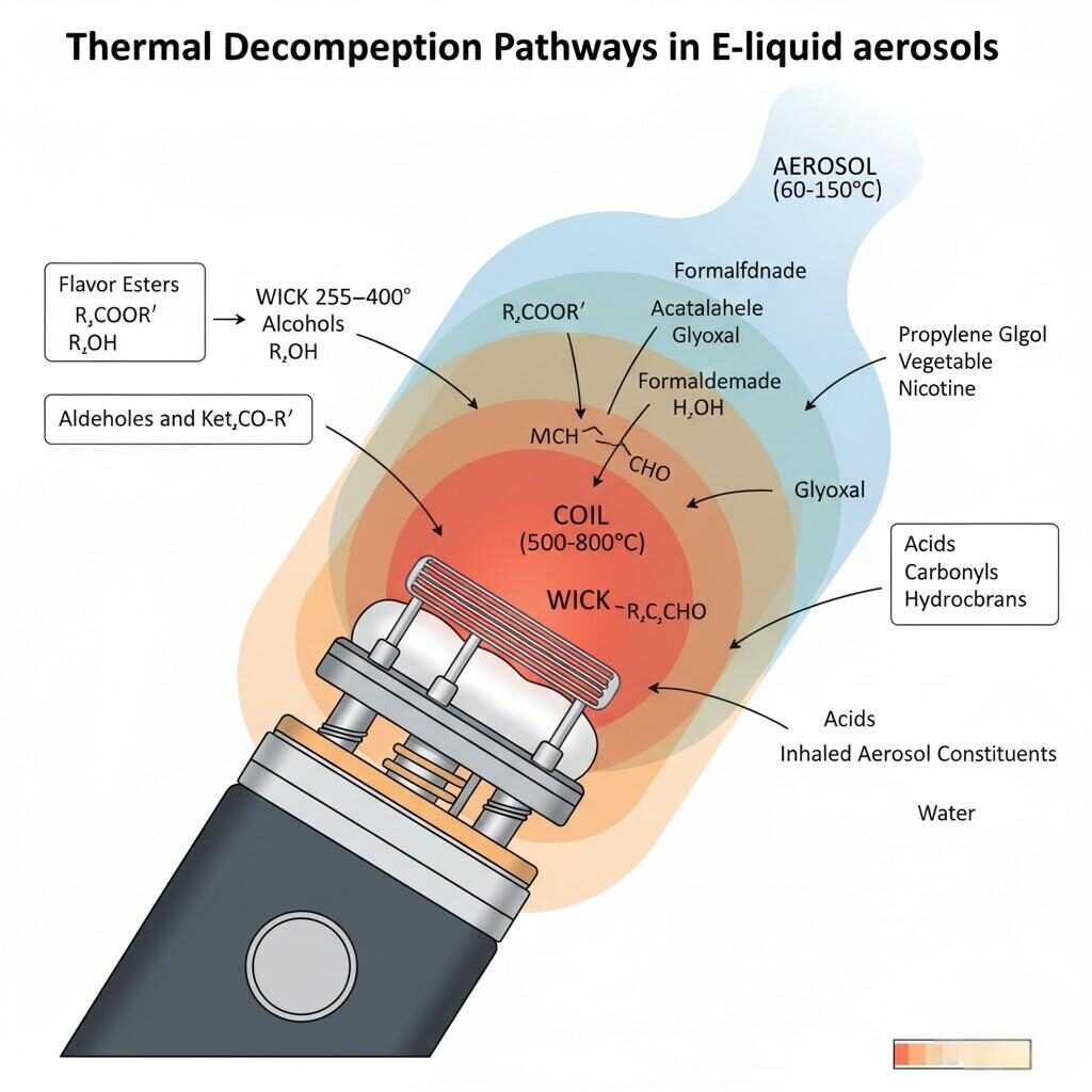 Diagrama conceptual que ilustra las vías de descomposición térmica de los ésteres de sabor, aldehídos y ácidos dentro de los aerosoles de e-líquido durante el vapeo, mostrando distintas zonas de temperatura (bobina, mecha, aerosol) y los subproductos químicos resultantes para una mejor comprensión de la química del vapeo.
