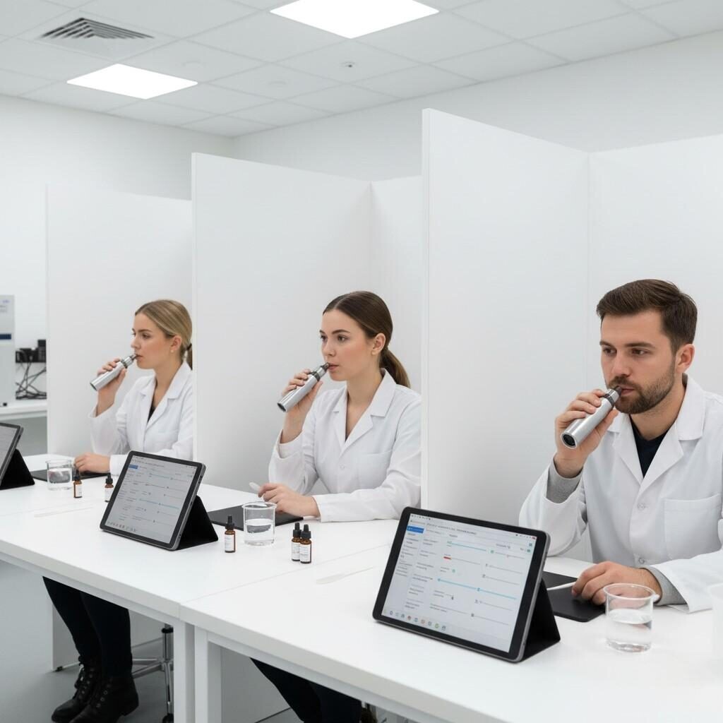 感官小组在受控品酒室中仔细测试电子液体样品，利用标准化设备和平板电脑捕获结构化反馈。此图片非常适合讨论电子烟油或相关香料行业的产品开发、感官评估方法和质量保证的博客。