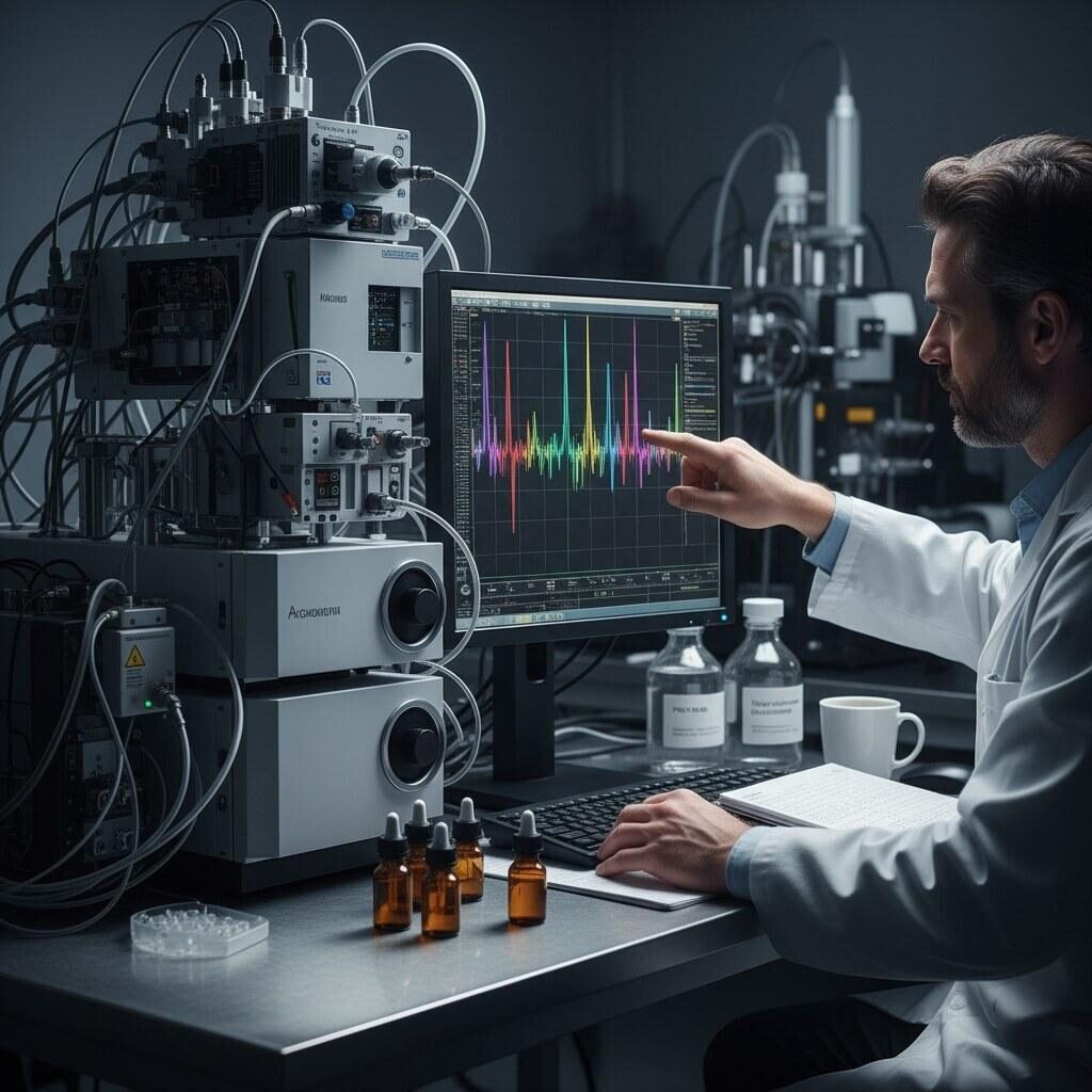 Gros plan d'instruments de laboratoire avancés, tels que GC-MS ou HPLC, où un technicien en blouse examine des pics moléculaires complexes et des données sur un moniteur. La scène comprend des images subtiles de bouteilles d’arômes de vape ou de flacons composés, reliant clairement la précision scientifique à l’application pratique du e-liquide et au contrôle qualité.