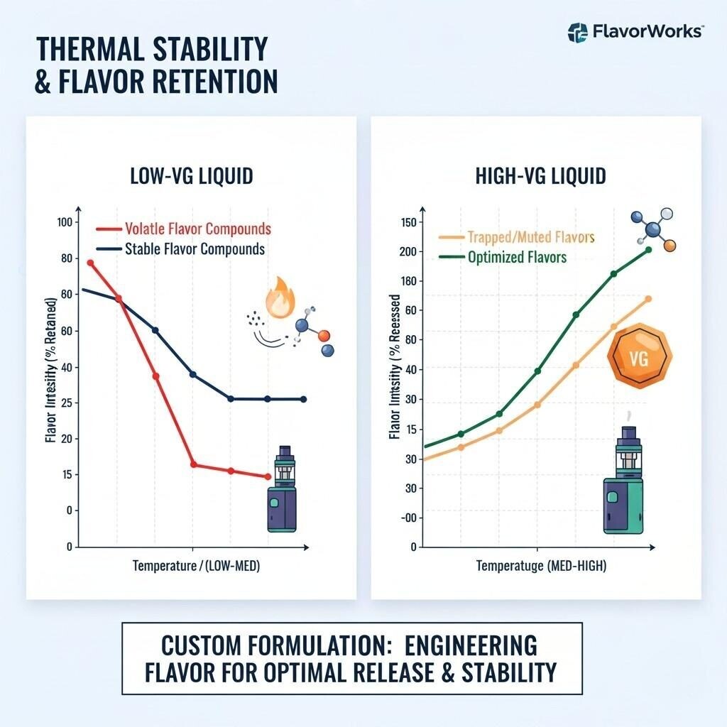 Visualización de datos que muestra cómo la alta temperatura afecta la estabilidad de los compuestos de sabor y cómo la alta concentración de VG afecta la liberación de sabor, guiando a los formuladores hacia soluciones térmicamente estables.