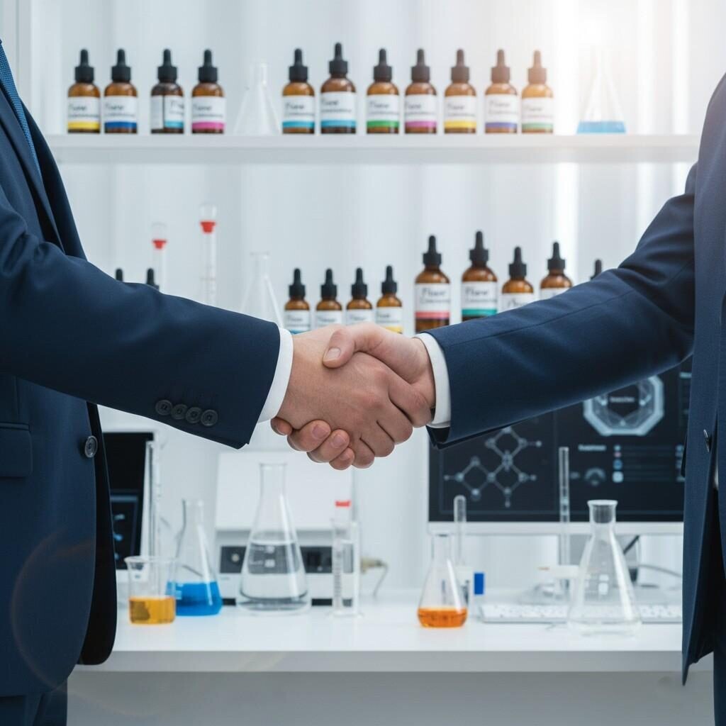 Un visuel puissant d’une poignée de main professionnelle entre un fabricant d’e-liquide et une marque partenaire, sur fond de bouteilles d’arômes d’e-liquide et de verrerie de laboratoire soigneusement disposées. L’image transmet parfaitement un sentiment de collaboration forte, de confiance mutuelle et d’innovation tournée vers l’avenir au sein de l’industrie dynamique du vapotage.
