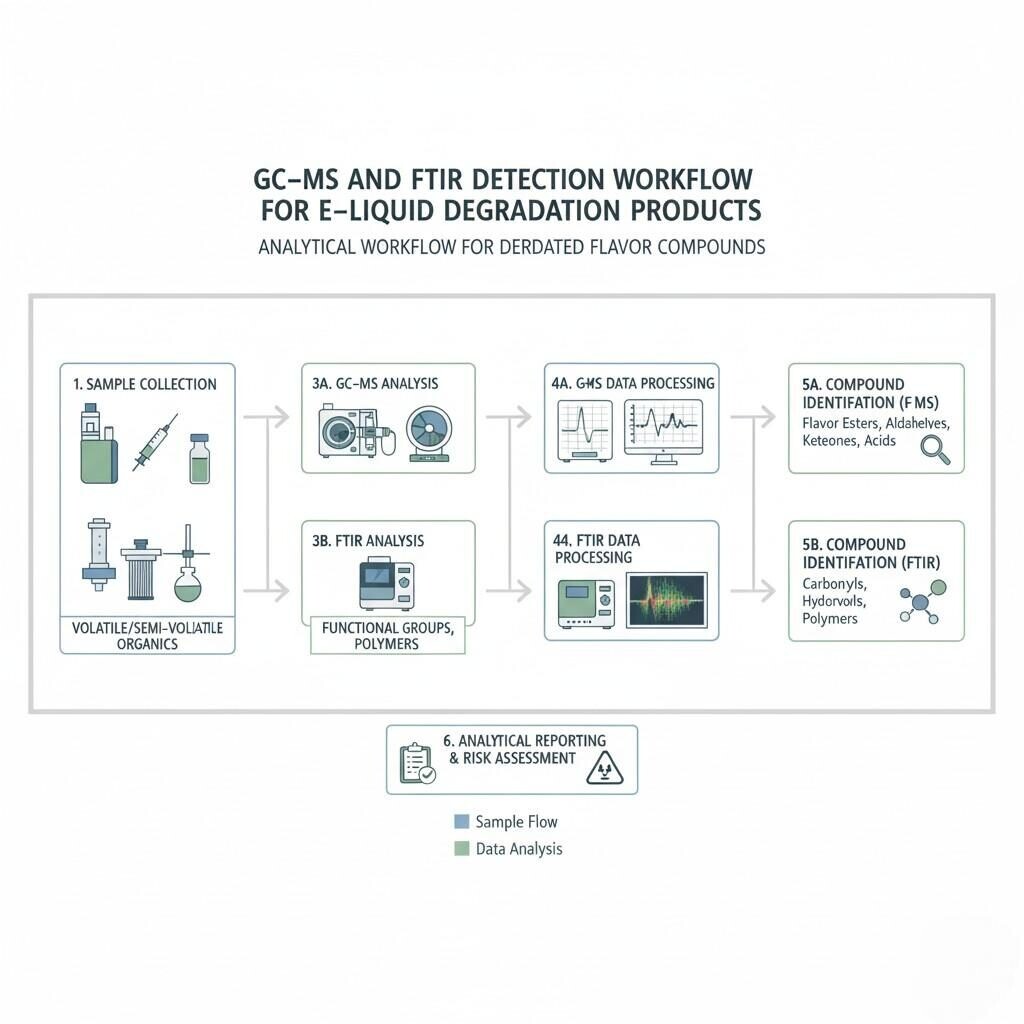Esquema que ilustra el flujo de trabajo analítico para detectar compuestos de sabor degradados en líquidos electrónicos utilizando técnicas avanzadas como cromatografía de gases-espectrometría de masas (GC-MS) y espectroscopia infrarroja por transformada de Fourier (FTIR), y que describe los pasos desde la recolección de muestras hasta la identificación de compuestos y la evaluación de riesgos.