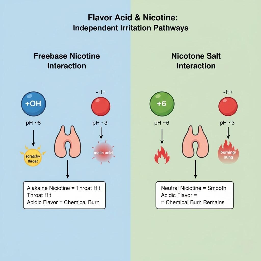 A side-by-side comparison diagram illustrating "Freebase Nicotine Interaction" vs. "Nicotine Salt Interaction" with an acidic fruit flavor. It shows the independent irritating effects of alkaline freebase nicotine and acidic malic acid on the throat, contrasting with the smoother delivery of pH-neutral nicotine salts, while emphasizing that the flavor acid's irritating effect remains prominent in both scenarios.