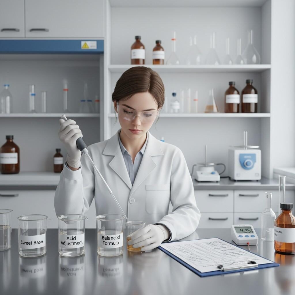 An illustration depicting a laboratory technician meticulously testing e-liquid formulations in a clean R&D lab. The image highlights the process of balancing sweet and acid components, with labeled beakers, lab instruments, and a sensory evaluation chart, showcasing the precision involved in crafting optimal vape flavors.